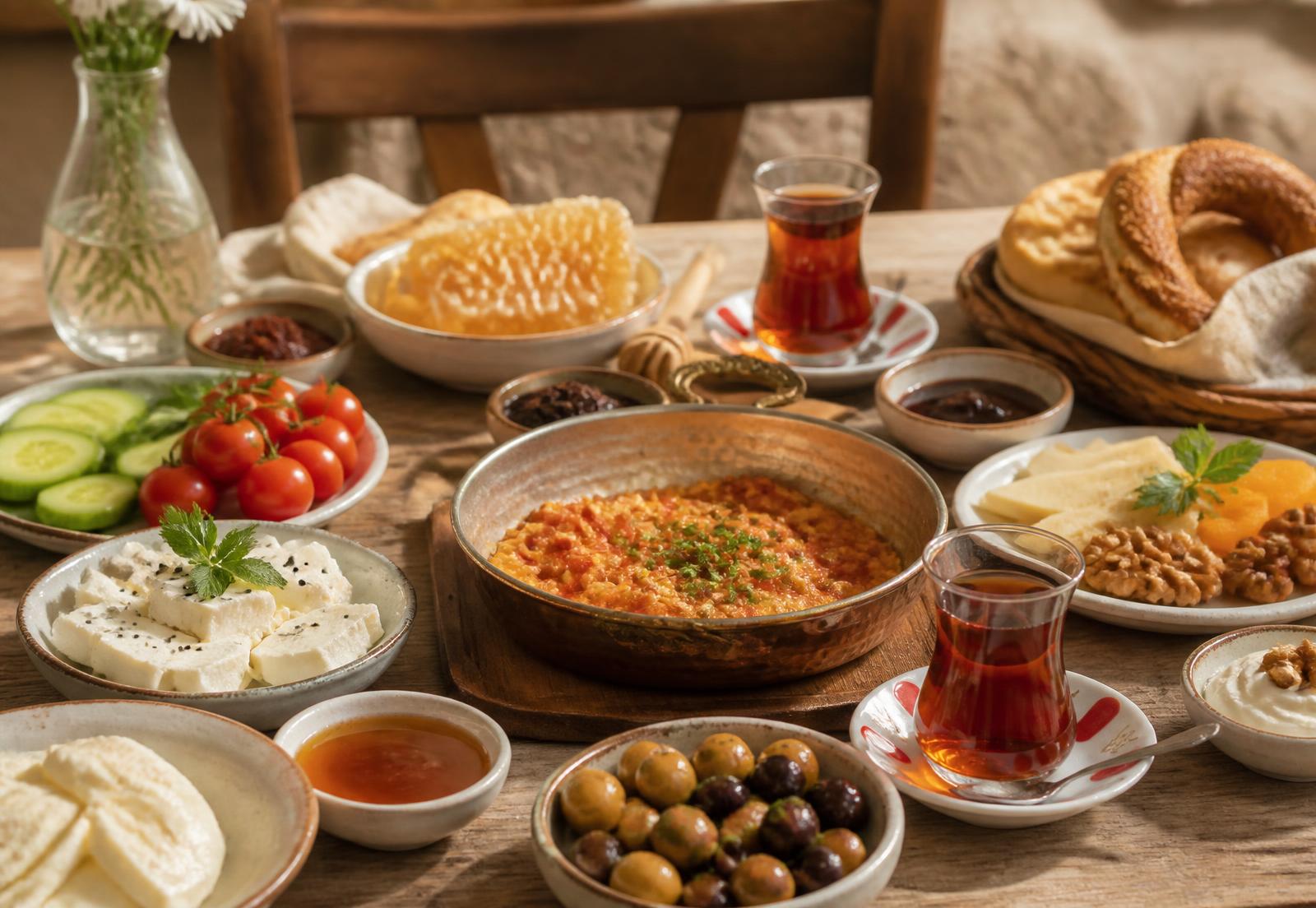 Ahşap masada serpme Türk kahvaltısı, menemen ve demli çay